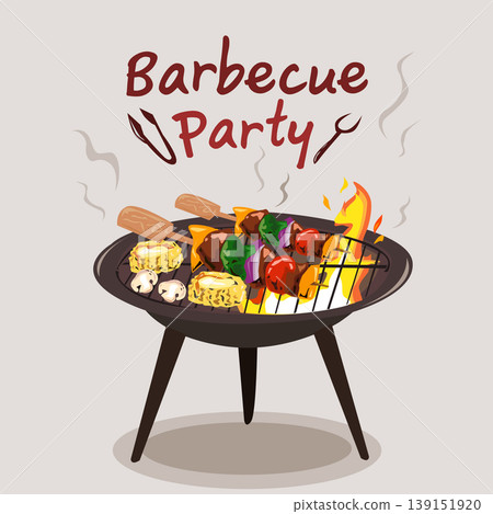 Barbecue Party Grill with Beef Skewers, Corn, and Mushrooms on Flaming Fire Vector Illustration Barbecue Party Grill with Beef Skewers, Corn, and Mushrooms on Flaming Fire Vector Illustration 139151920