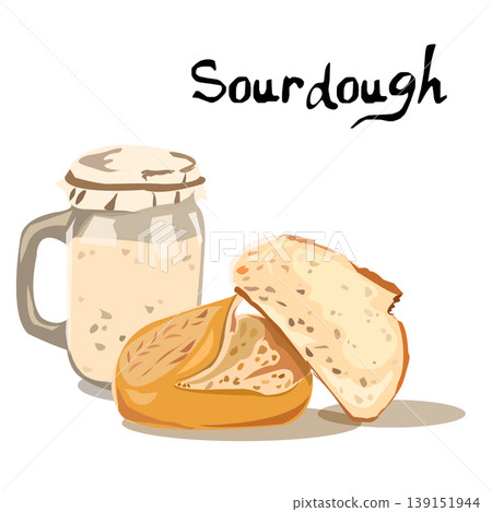 Homemade sourdough bread with active starter jar, crusty loaf and sliced bread vector illustration. 139151944