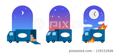 Logistics delivery truck set with cardboard boxes at dawn Logistics delivery truck set with cardboard boxes at dawn 139152686