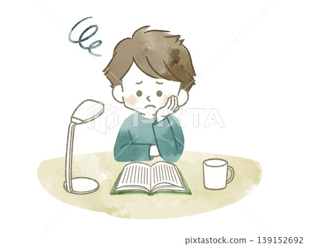 A boy reading a book with a troubled expression - watercolor 139152692