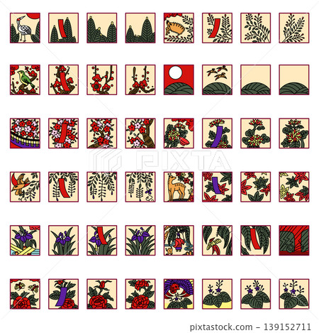 A set of simple square Hanafuda illustration icons. A set of simple square Hanafuda illustration icons. 139152711
