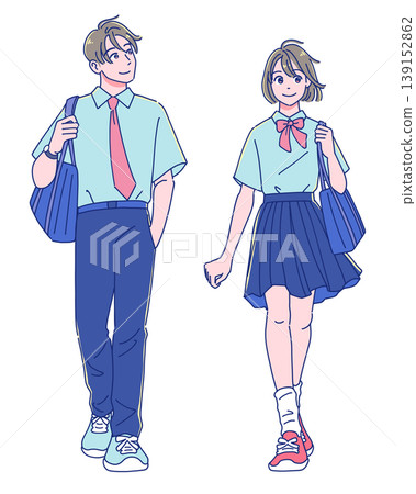身穿夏季校服的男孩女孩們走路（動漫風格） 139152862