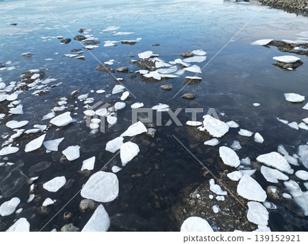 Aerial view of the drift ice formations in the harbor at Utoro Shiretoko Roadside Station. Aerial view of the drift ice formations in the harbor at Utoro Shiretoko Roadside Station. 139152921