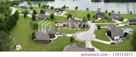 Wealthy residential area in USA suburbs. Rich neighborhood with expensive suburban homes in Kingston, Tennessee 139153071