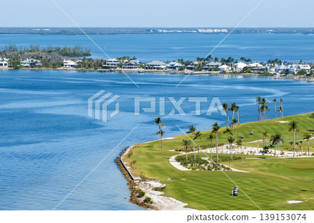 Waterfront golf course in Florida. Sports grounds with green grass in Boca Grande, small town on Gasparilla Island 139153074