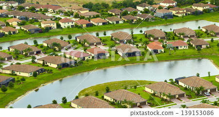 View from above of densely built residential houses in closed living clubs in south Florida. American dream homes as example of real estate development in US suburbs View from above of densely built residential houses in closed living clubs in south Florida. American dream homes as example of real estate development in US suburbs 139153086