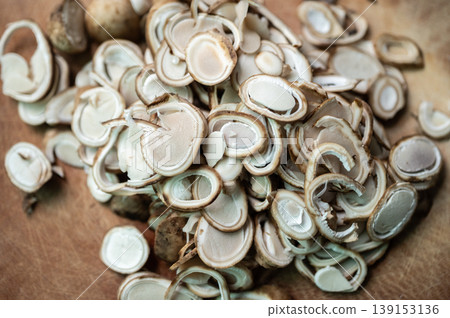 Full frame shot of puff ball mushrooms (other named is Earthstars mushroom) after cutting and prepare for cooking.  139153136