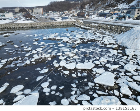 Aerial view of the drift ice formations in the harbor near the Utoro Shiretoko roadside station. Aerial view of the drift ice formations in the harbor near the Utoro Shiretoko roadside station. 139153163
