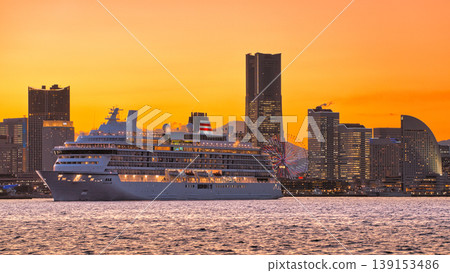 Minato Mirai, cruise ship Asuka, sunset Minato Mirai, cruise ship Asuka, sunset 139153486