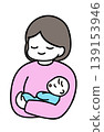 An illustration of a mother smiling while holding her baby. 139153946