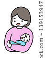An illustration of a mother struggling to hold her crying baby. 139153947