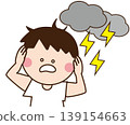 A boy covering his ears in surprise at the sound of thunder. 139154663