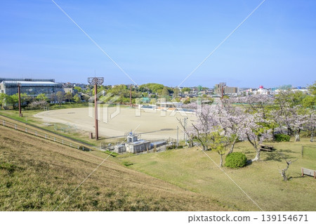 A distant view of the townscape with cherry blossoms in full bloom at Miyoshi Park in Miyoshi City. 139154671