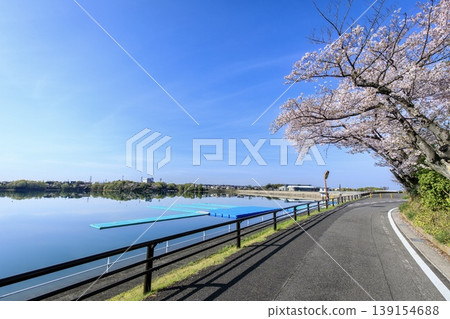 三好市、三好池以及湖畔盛開的櫻花 三好市、三好池以及湖畔盛開的櫻花 139154688
