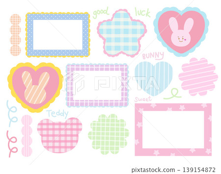 Cute pastel illustrations of bunny, heart and star shapes, rectangle frames, checked and stripe patterns for stickers, banner, patch, cartoon, decoration, icon, animal, fabric print, pin, brooch Cute pastel illustrations of bunny, heart and star shapes, rectangle frames, checked and stripe patterns for stickers, banner, patch, cartoon, decoration, icon, animal, fabric print, pin, brooch 139154872