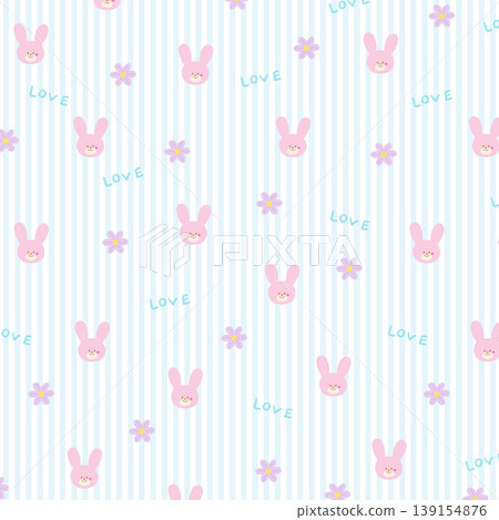 Vector of pink bunny, flower and LOVE patterns on blue and white stripe background for fabric print, kid clothes, gift wrap, packaging, pyjamas, wallpaper, backdrop, textile, garment, picnic blanket 139154876