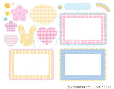 Cute pastel illustrations of bunny, heart and star shapes, flowers, rectangle frames, checked pattern, text bubble background for stickers, banner, patch, cartoon, decoration, floral print, icon Cute pastel illustrations of bunny, heart and star shapes, flowers, rectangle frames, checked pattern, text bubble background for stickers, banner, patch, cartoon, decoration, floral print, icon 139154877