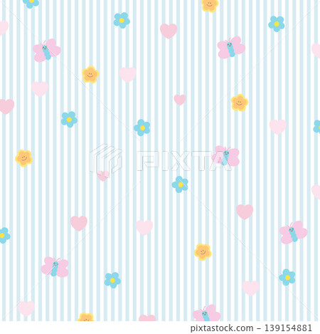 Little flower, heart and butterfly pattern on blue and white stripe background for spring and summer wallpaper, fabric print, floral, textile, nature, garden, backdrop, garment, picnic blanket, duvet Little flower, heart and butterfly pattern on blue and white stripe background for spring and summer wallpaper, fabric print, floral, textile, nature, garden, backdrop, garment, picnic blanket, duvet 139154881