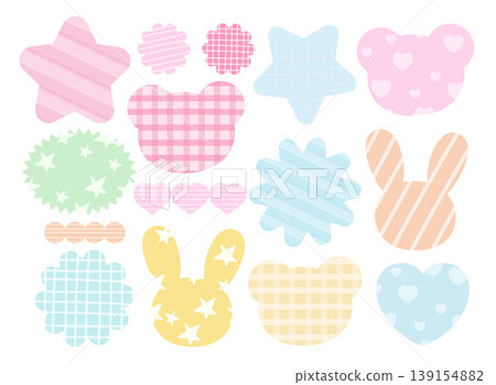 Cute vector illustrations of bunny, teddy bear and various shapes such as circle, heart, star for cartoon, chat box, dialogue, decorations, sticker, patch, brooch, pin, name tag, pattern, animal print Cute vector illustrations of bunny, teddy bear and various shapes such as circle, heart, star for cartoon, chat box, dialogue, decorations, sticker, patch, brooch, pin, name tag, pattern, animal print 139154882
