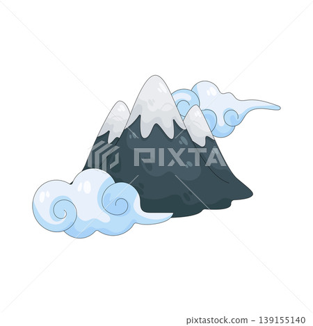 Illustration of serene mountain landscape with whimsical clouds 139155140