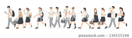 Summer school commute scene: Illustration set of students walking, wearing short-sleeved uniforms and taking precautions against the heat. 139155199