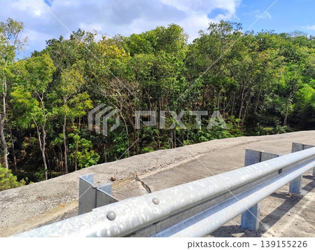 road crash barrier in mountainous area with trees and blue sky background road crash barrier in mountainous area with trees and blue sky background 139155226