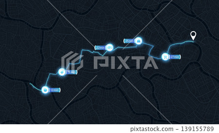 Dark city map with glowing blue navigation route and delivery stops. Vector illustration. 139155789