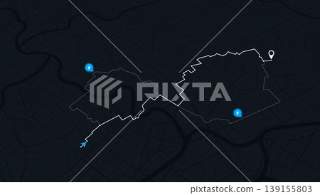 Dark mode GPS navigation map with electric vehicle charging stations and route path. Vector illustration. Dark mode GPS navigation map with electric vehicle charging stations and route path. Vector illustration. 139155803