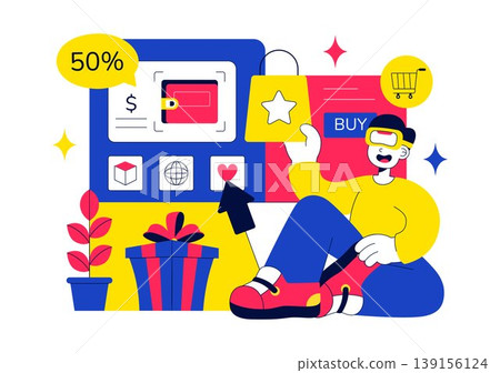 Augmented Reality Shopping Vector Illustration Online Retail Experience Using Mobile App Virtual Try On Payment Discount Design Augmented Reality Shopping Vector Illustration Online Retail Experience Using Mobile App Virtual Try On Payment Discount Design 139156124