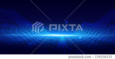 Technology futuristic grid wave lines on dark background with lighting effect. Technology futuristic grid wave lines on dark background with lighting effect. 139156155