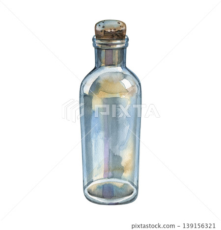 Hand drawn watercolor illustration of an empty vintage apothecary bottle. Tall, transparent blue glass vessel. Perfect for pharmaceutical, historical, or magical-themed clipart and stationery designs. Hand drawn watercolor illustration of an empty vintage apothecary bottle. Tall, transparent blue glass vessel. Perfect for pharmaceutical, historical, or magical-themed clipart and stationery designs. 139156321