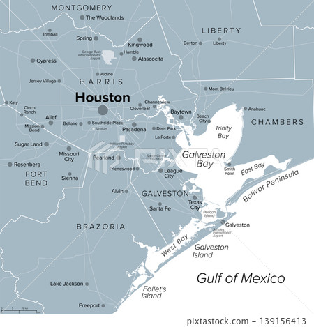 Houston and vicinity, gray political map. Houston, seat of Harris County, and most populous city in the U.S. state of Texas, in the Southern United States near Galveston Bay and Gulf of Mexico. Vector Houston and vicinity, gray political map. Houston, seat of Harris County, and most populous city in the U.S. state of Texas, in the Southern United States near Galveston Bay and Gulf of Mexico. Vector 139156413