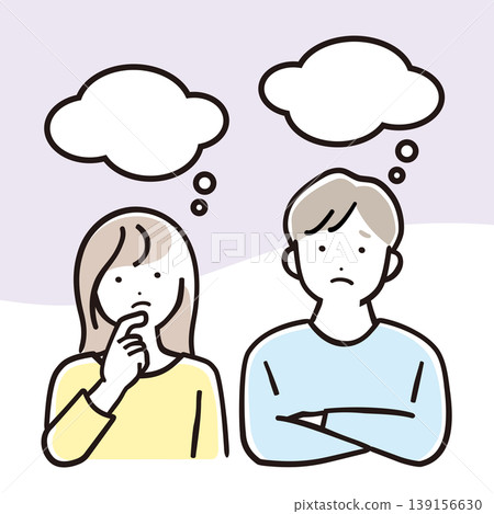 一幅色彩柔和的插圖,描繪了一位憂鬱的女子和一位男子。 一幅色彩柔和的插圖,描繪了一位憂鬱的女子和一位男子。 139156630