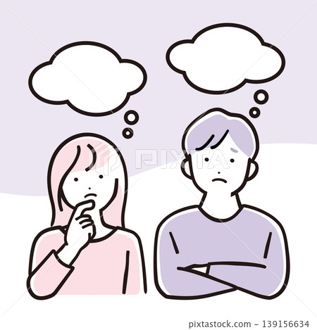 一幅簡單的彩色插圖,描繪了一個心事重重的女人和一個男人。 一幅簡單的彩色插圖,描繪了一個心事重重的女人和一個男人。 139156634