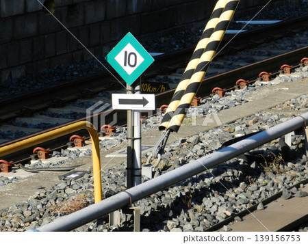 Train stopping position indicator board at the end of the JR line platform. Train stopping position indicator board at the end of the JR line platform. 139156753