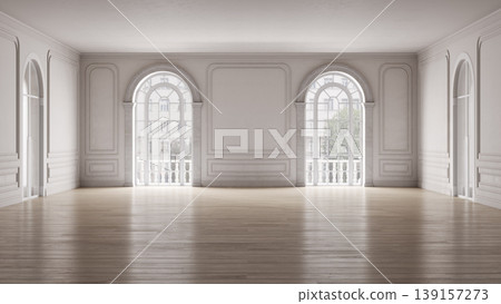 Elegant classic empty room with arched windows, white wall mockup and wooden floor Elegant classic empty room with arched windows, white wall mockup and wooden floor 139157273