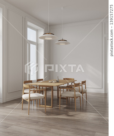 Home interior, modern light dining room interior, white empty wall mock up, 3d render 139157275