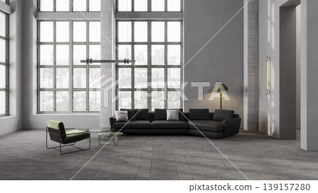 Modern loft living room with black sofa, industrial windows and concrete interior design Modern loft living room with black sofa, industrial windows and concrete interior design 139157280