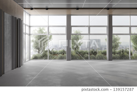 Mockup empty interior with panoramic windows, wooden panels and concrete wall mockup, 3d rendering Mockup empty interior with panoramic windows, wooden panels and concrete wall mockup, 3d rendering 139157287
