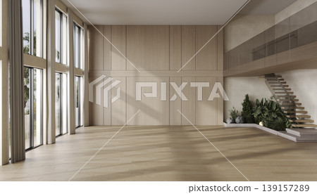 Bright spacious empty living room with wooden wall, large windows and staircase, modern interior, 3d rendering Bright spacious empty living room with wooden wall, large windows and staircase, modern interior, 3d rendering 139157289
