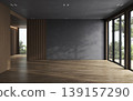 Modern dark empty interior with black wall mockup, wooden panels and panoramic windows, 3d rendering 139157290