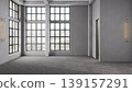 Empty industrial loft interior with large grid windows, concrete walls and floor 139157291