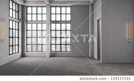 Empty industrial loft interior with large grid windows, concrete walls and floor Empty industrial loft interior with large grid windows, concrete walls and floor 139157291