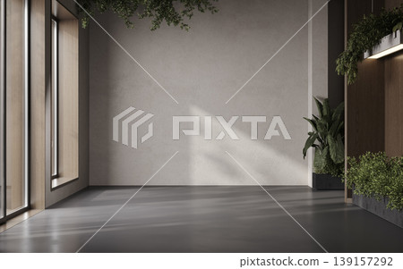 Modern classic empty room with plants, beige wall mockup and concrete floor, 3d render 139157292