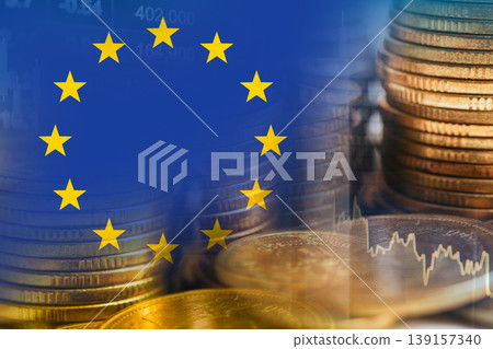 EU flag with coin stock market finance economy. EU flag with coin stock market finance economy. 139157340