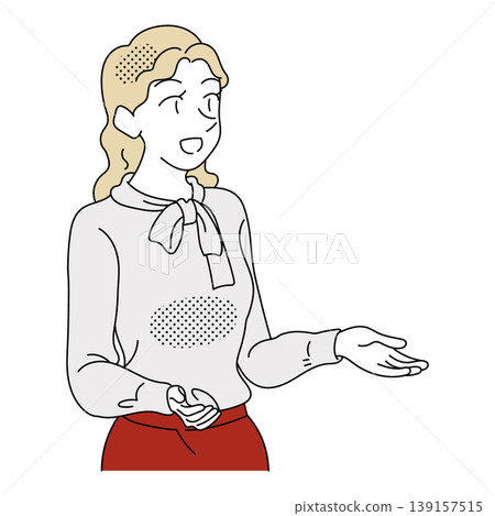 一位金髮女商人用手掌比劃著解釋。 一位金髮女商人用手掌比劃著解釋。 139157515