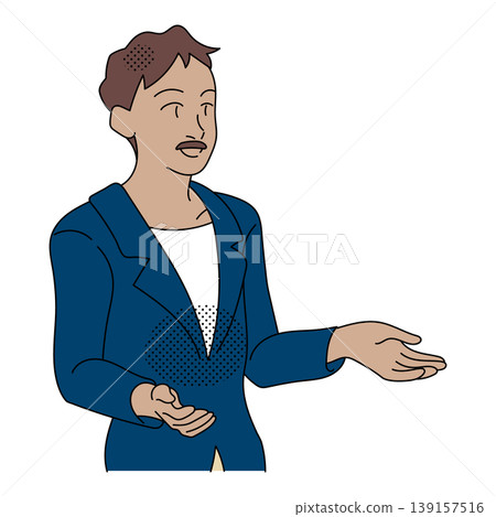 一位外國男商人用手掌比劃著解釋。 一位外國男商人用手掌比劃著解釋。 139157516