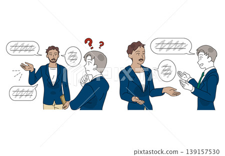 一幅商業插圖,對比了語言障礙和流暢對話。 一幅商業插圖,對比了語言障礙和流暢對話。 139157530