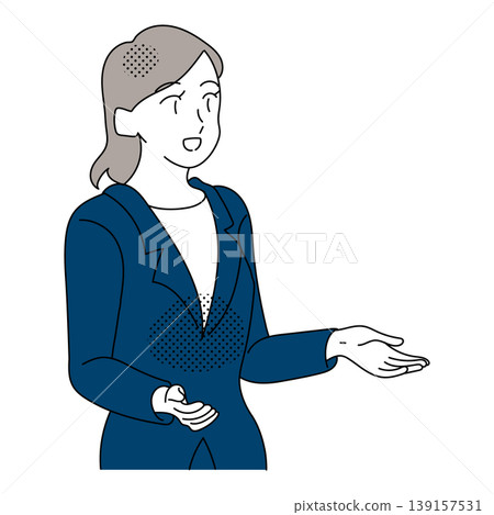 A smiling female businessperson explains using her palm. A smiling female businessperson explains using her palm. 139157531