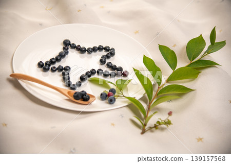 藍莓和葉子排列成星形狀——一幅美味水果的畫面。 藍莓和葉子排列成星形狀——一幅美味水果的畫面。 139157568